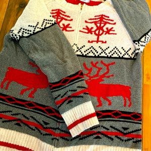 Christmas Holiday Sweater Full Zip Argyle Nordic Reindeer XL Grandma Cardigan